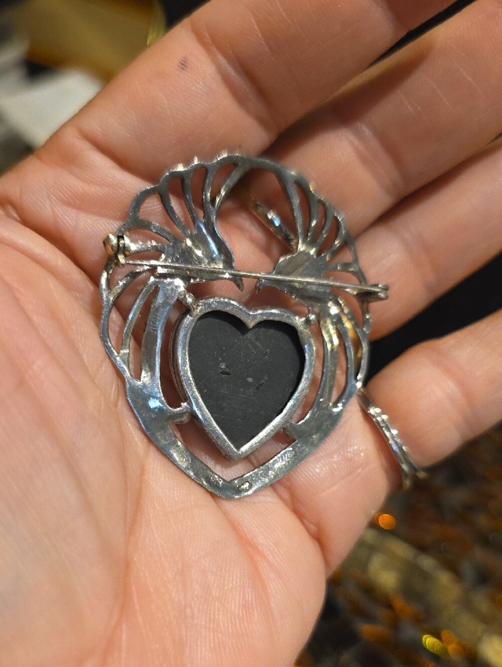 Silver-Tone Heart Brooch with Black Heart Stone - Picture 2 of 6